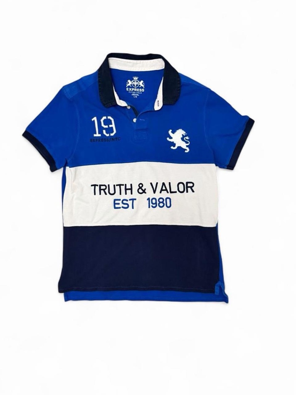 Express “Truth & Valor” Colorblock Lion Crest Polo Y2K Preppy Large